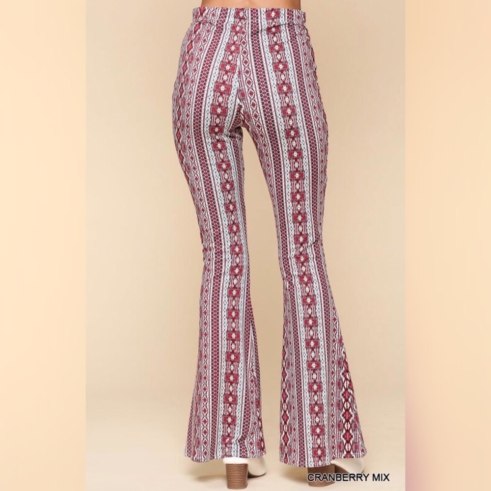 GiGio Burgundy Retro Print Flare Pants | Stretch High Rise | Fall Boho Statement - Picture 6 of 11